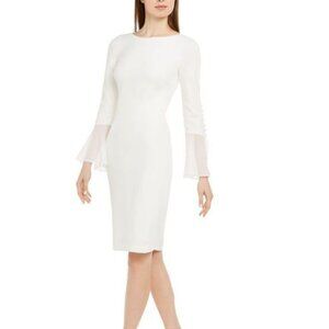 NWT Calvin Klein Chiffon-Bell-Sleeve Sheath Dress white size 4
